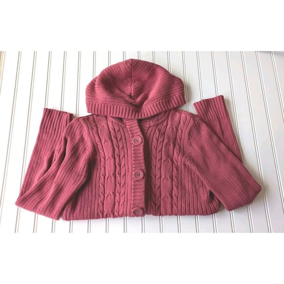 Bass Women's Cardigan Size Medium Hooded Button Up Cable Knit Long Raspberry - Picture 3 of 12